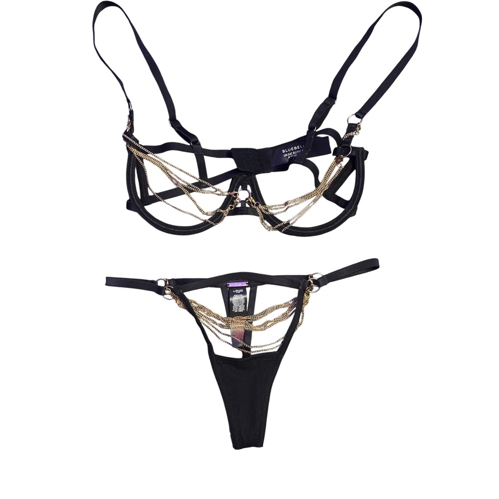 NEW Bluebella Black Gold Chain Underwire Bra 32C Thong XS Lingerie Set